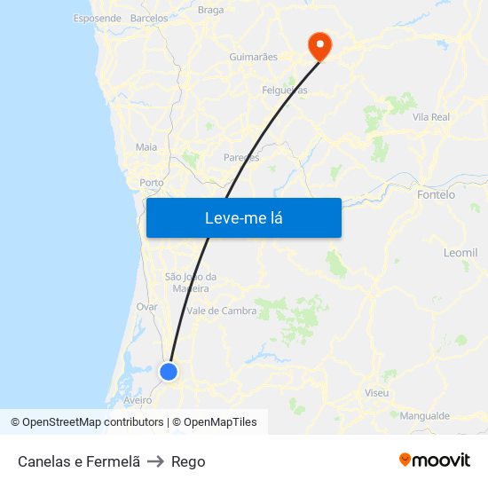 Canelas e Fermelã to Rego map