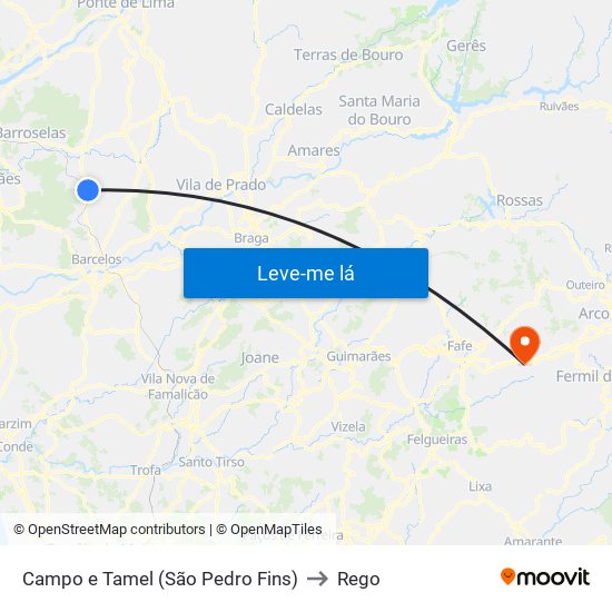Campo e Tamel (São Pedro Fins) to Rego map