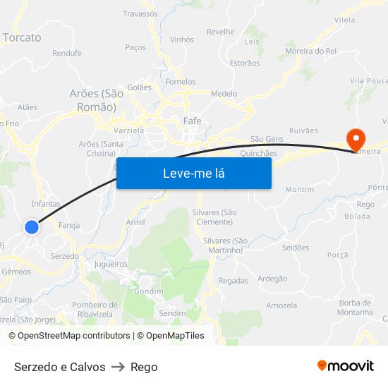 Serzedo e Calvos to Rego map