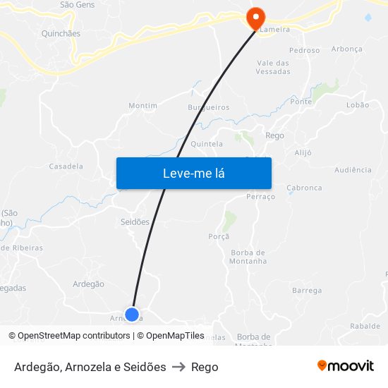 Ardegão, Arnozela e Seidões to Rego map