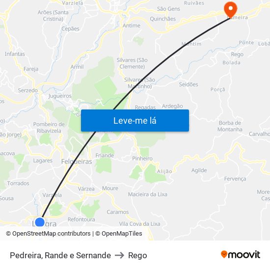 Pedreira, Rande e Sernande to Rego map