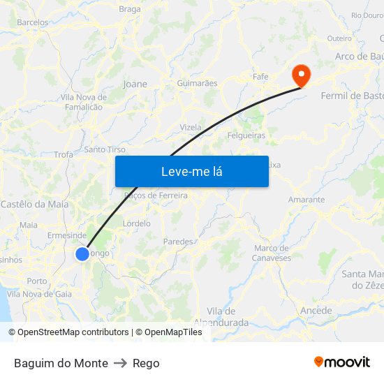 Baguim do Monte to Rego map