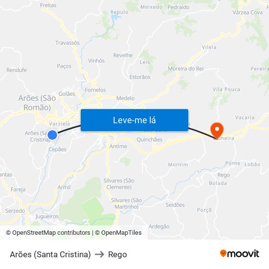 Arões (Santa Cristina) to Rego map