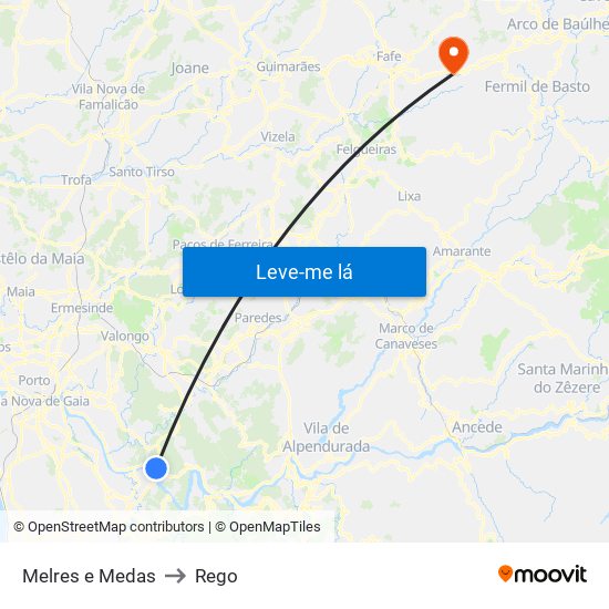 Melres e Medas to Rego map