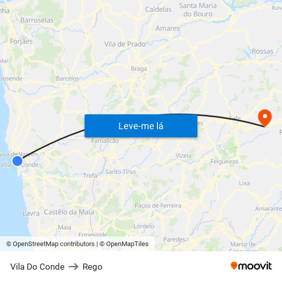 Vila Do Conde to Rego map