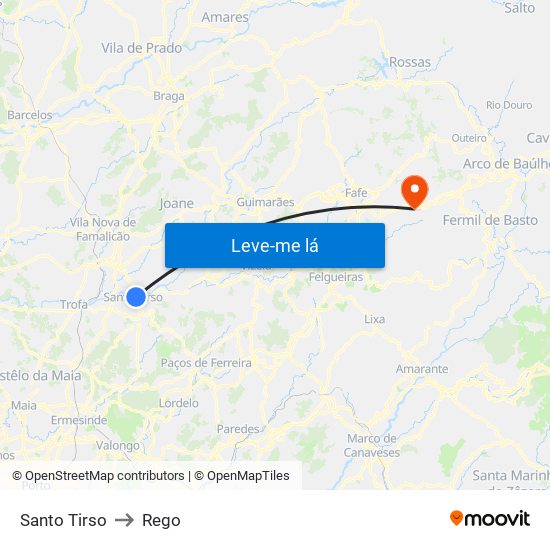 Santo Tirso to Rego map