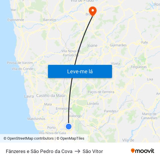 Fânzeres e São Pedro da Cova to São Vítor map