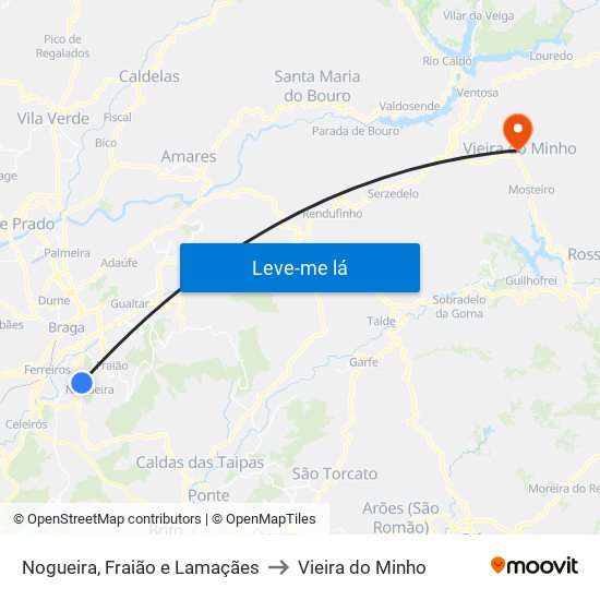 Nogueira, Fraião e Lamaçães to Vieira do Minho map