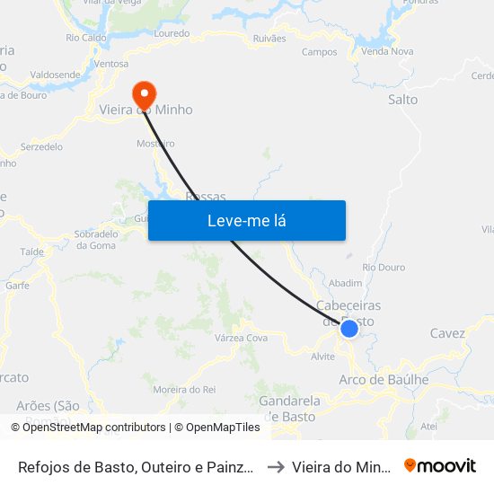 Refojos de Basto, Outeiro e Painzela to Vieira do Minho map