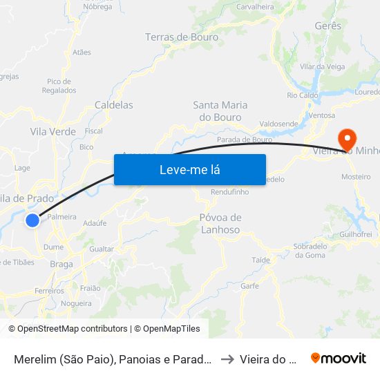 Merelim (São Paio), Panoias e Parada de Tibães to Vieira do Minho map