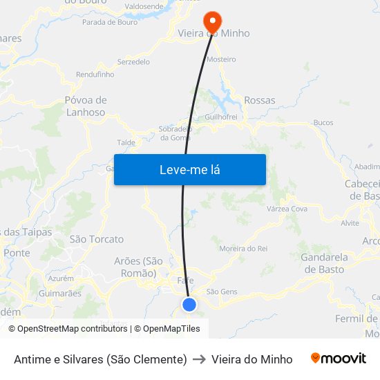 Antime e Silvares (São Clemente) to Vieira do Minho map