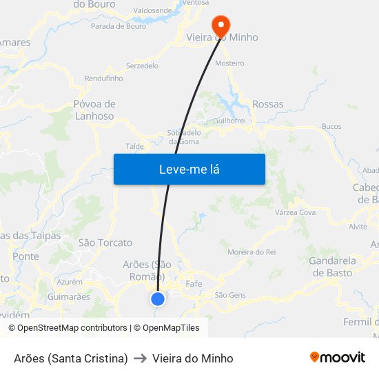 Arões (Santa Cristina) to Vieira do Minho map