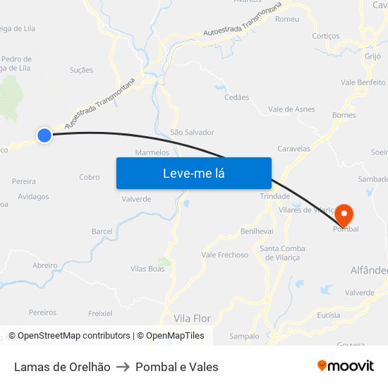 Lamas de Orelhão to Pombal e Vales map