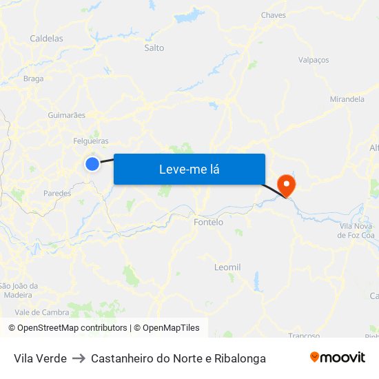 Vila Verde to Castanheiro do Norte e Ribalonga map