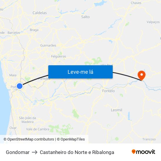 Gondomar to Castanheiro do Norte e Ribalonga map