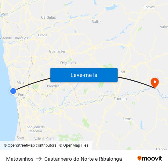 Matosinhos to Castanheiro do Norte e Ribalonga map