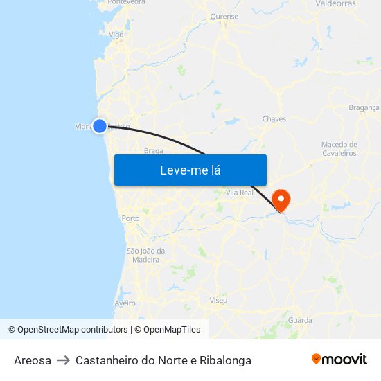 Areosa to Castanheiro do Norte e Ribalonga map