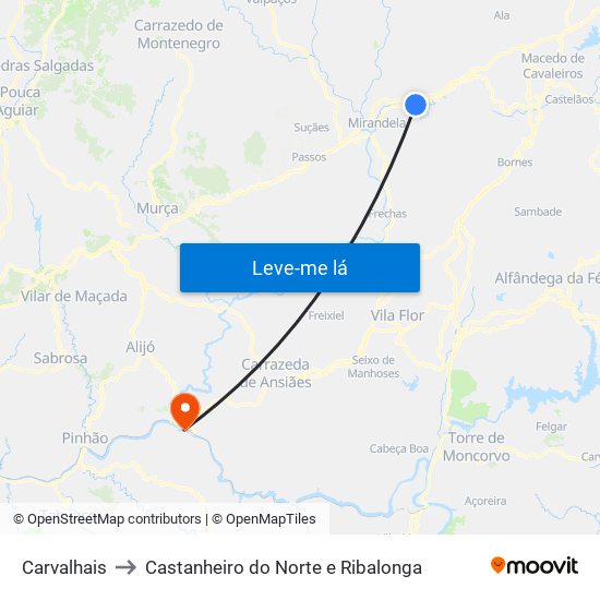 Carvalhais to Castanheiro do Norte e Ribalonga map