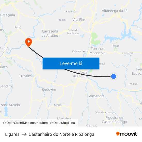 Ligares to Castanheiro do Norte e Ribalonga map