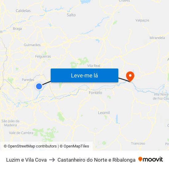 Luzim e Vila Cova to Castanheiro do Norte e Ribalonga map