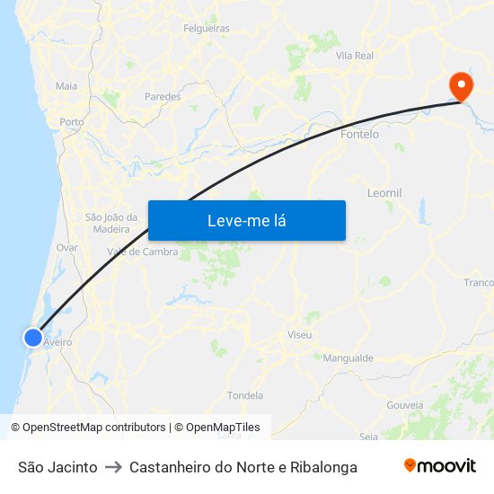 São Jacinto to Castanheiro do Norte e Ribalonga map