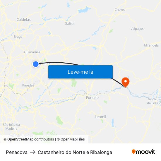 Penacova to Castanheiro do Norte e Ribalonga map