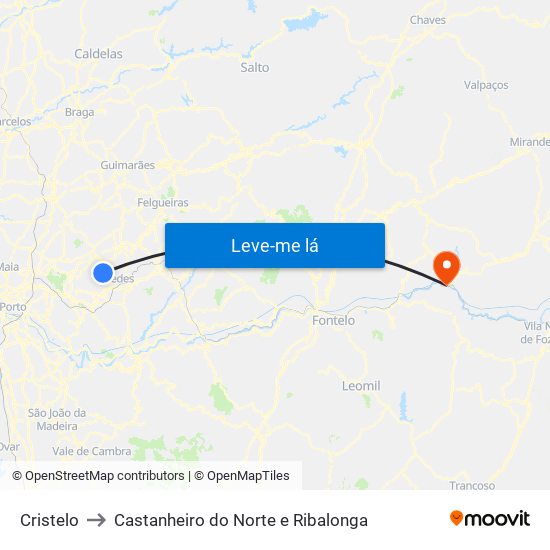 Cristelo to Castanheiro do Norte e Ribalonga map