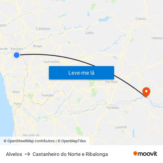 Alvelos to Castanheiro do Norte e Ribalonga map