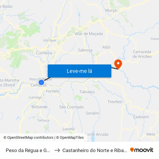 Peso da Régua e Godim to Castanheiro do Norte e Ribalonga map