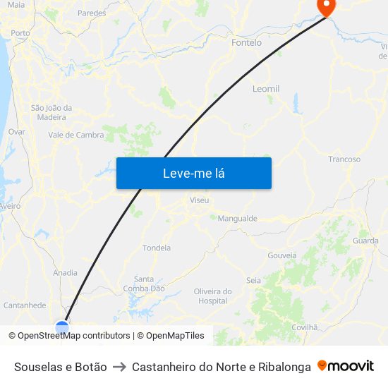 Souselas e Botão to Castanheiro do Norte e Ribalonga map