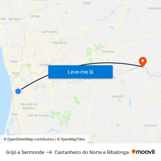 Grijó e Sermonde to Castanheiro do Norte e Ribalonga map