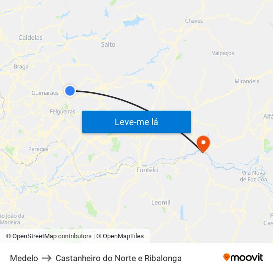 Medelo to Castanheiro do Norte e Ribalonga map