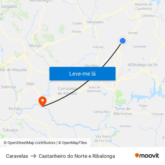 Caravelas to Castanheiro do Norte e Ribalonga map