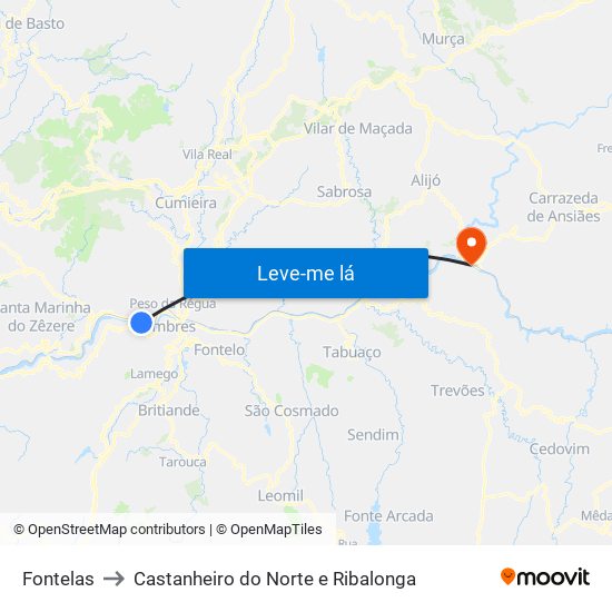 Fontelas to Castanheiro do Norte e Ribalonga map