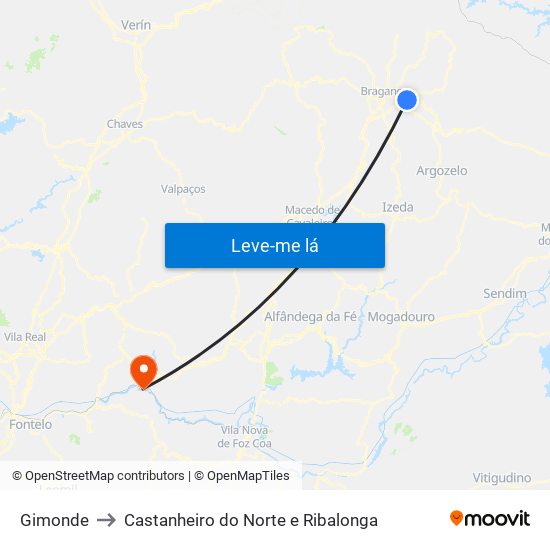 Gimonde to Castanheiro do Norte e Ribalonga map