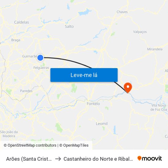 Arões (Santa Cristina) to Castanheiro do Norte e Ribalonga map