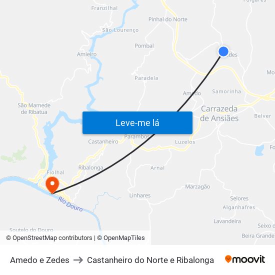 Amedo e Zedes to Castanheiro do Norte e Ribalonga map