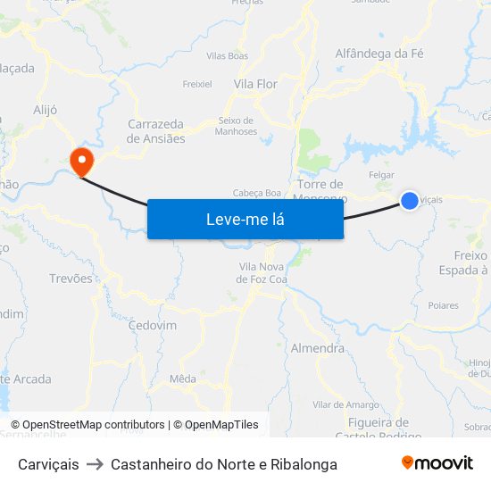 Carviçais to Castanheiro do Norte e Ribalonga map