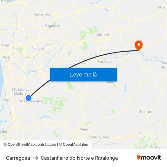 Carregosa to Castanheiro do Norte e Ribalonga map