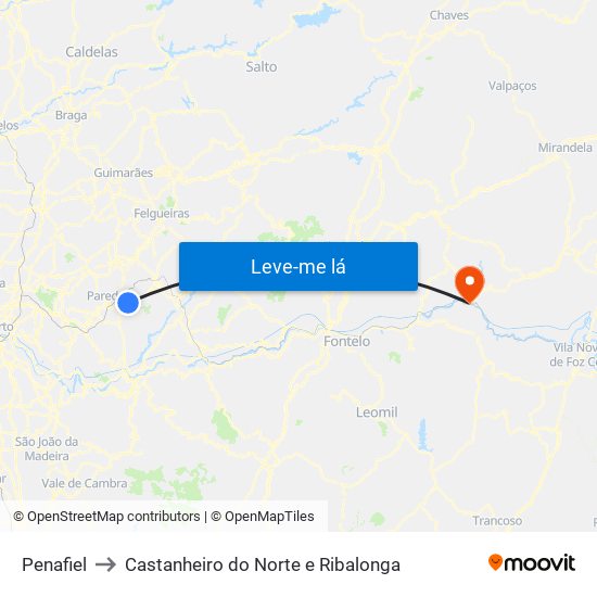 Penafiel to Castanheiro do Norte e Ribalonga map