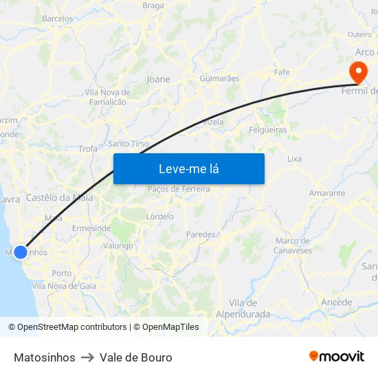 Matosinhos to Vale de Bouro map