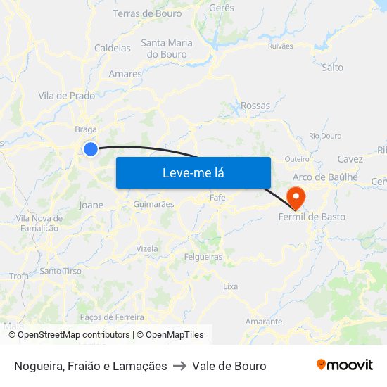 Nogueira, Fraião e Lamaçães to Vale de Bouro map