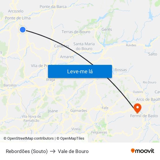 Rebordões (Souto) to Vale de Bouro map