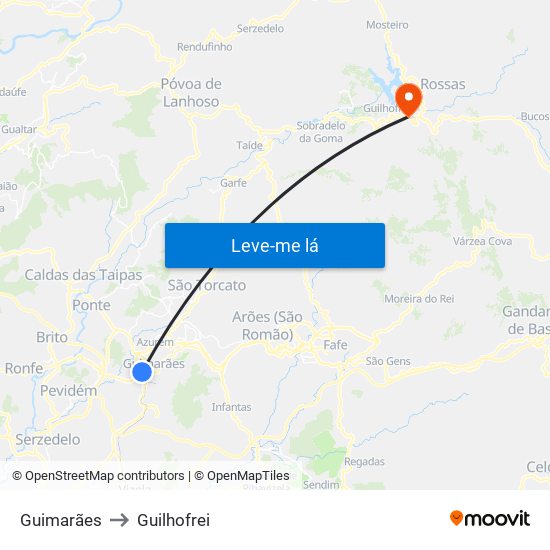 Guimarães to Guilhofrei map