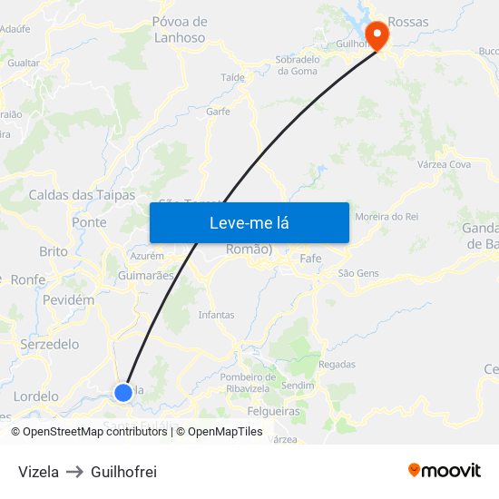 Vizela to Guilhofrei map