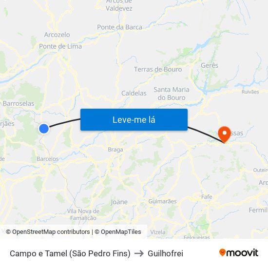 Campo e Tamel (São Pedro Fins) to Guilhofrei map