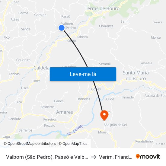 Valbom (São Pedro), Passô e Valbom (São Martinho) to Verim, Friande e Ajude map