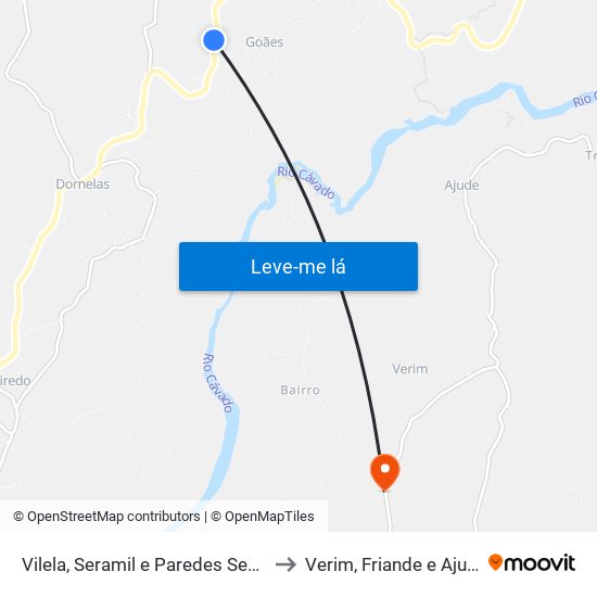 Vilela, Seramil e Paredes Secas to Verim, Friande e Ajude map