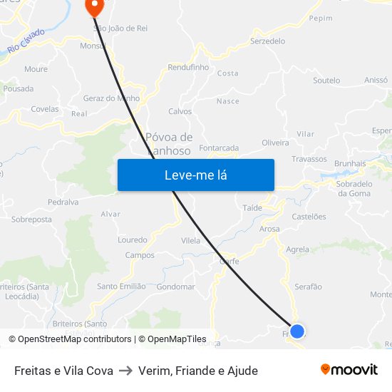 Freitas e Vila Cova to Verim, Friande e Ajude map