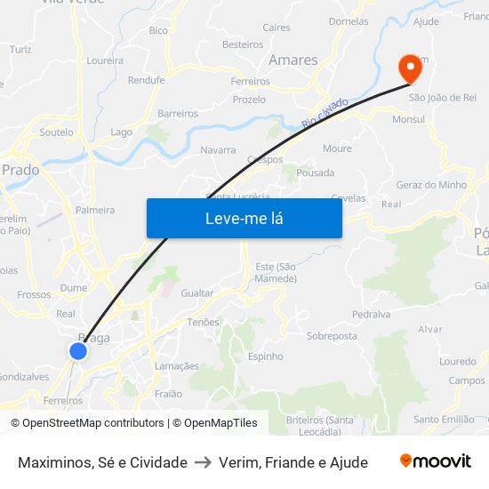 Maximinos, Sé e Cividade to Verim, Friande e Ajude map